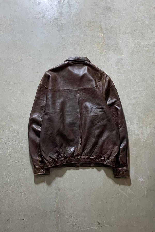 90'S ZIP UP LEATHER JACKET / BROWN [SIZE: L USED]