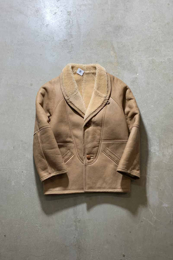MADE IN USA 80'S LEATHER COAT W/FUR LINER / BEIGE [SIZE: L USED]