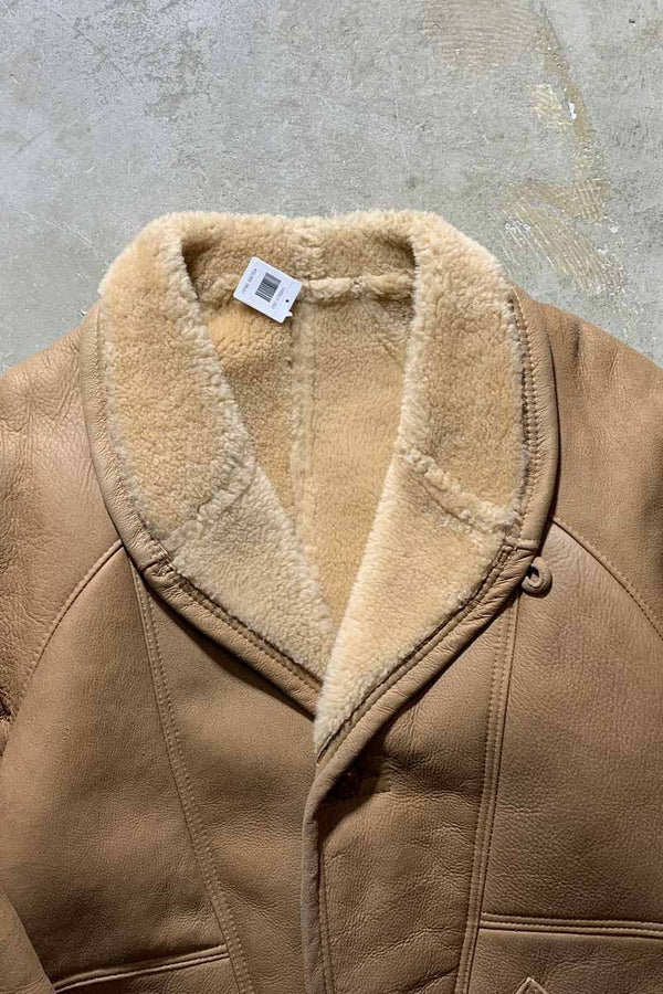 MADE IN USA 80'S LEATHER COAT W/FUR LINER / BEIGE [SIZE: L USED]