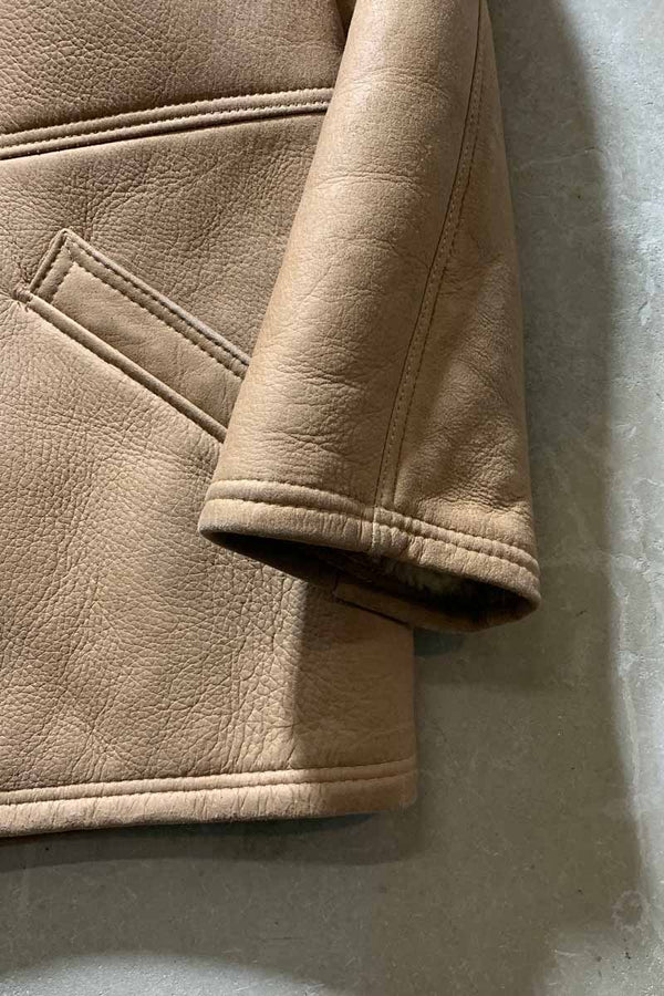 MADE IN USA 80'S LEATHER COAT W/FUR LINER / BEIGE [SIZE: L USED]
