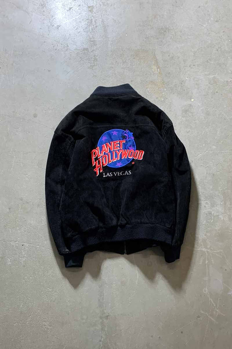 90'S PLANET HOLLYWOOD BACK EMBROIDERY ZIP UP SUEDE LEATHER STADIUM JACKET / BLACK [SIZE: XL USED]