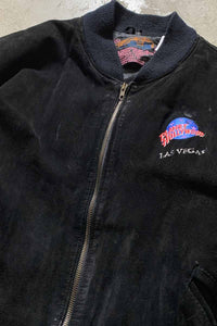 90'S PLANET HOLLYWOOD BACK EMBROIDERY ZIP UP SUEDE LEATHER STADIUM JACKET / BLACK [SIZE: XL USED]