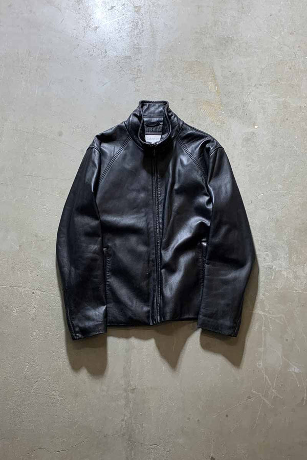 STAND COLLAR ZIP UP LEATHER JACKET / BLACK [SIZE: M USED]