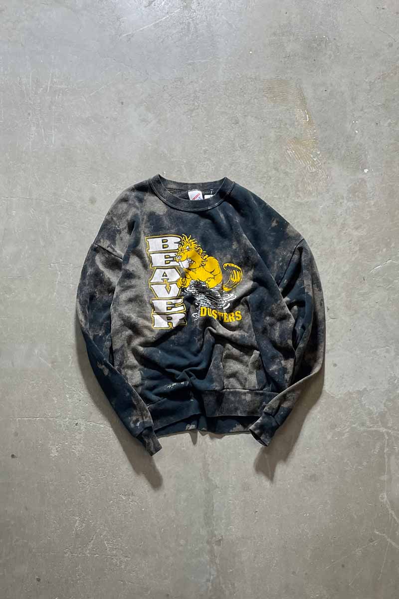 MADE IN USA 90'S BEAVER BLEACHED SWEATSHIRT / BLACK [SIZE: XL USED]