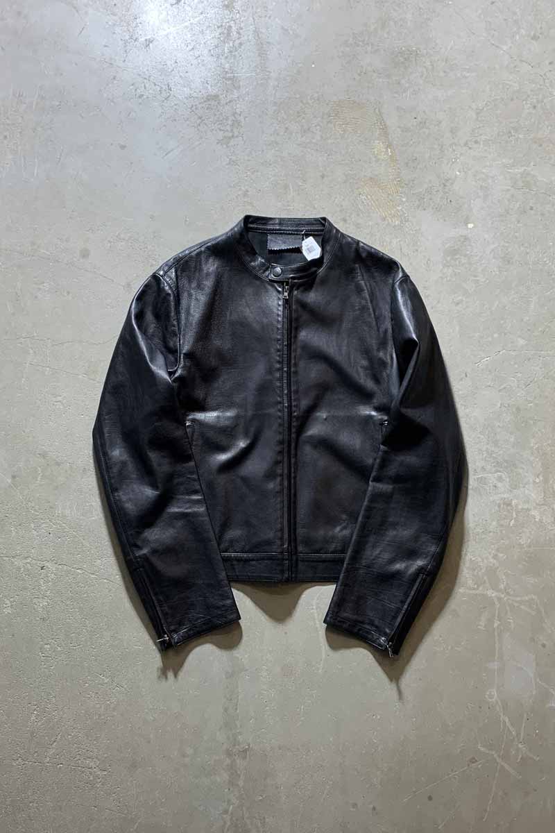 MADE IN ITALY NO COLLAR LEATHER JACKET / BLACK [SIZE: L USED]