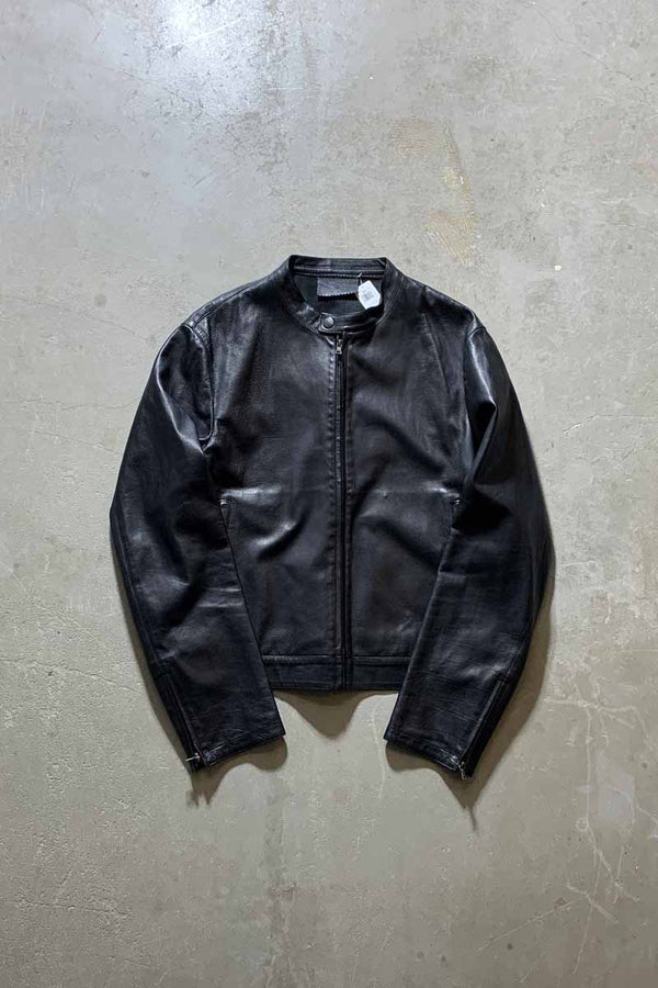 MADE IN ITALY NO COLLAR LEATHER JACKET / BLACK [SIZE: L USED]