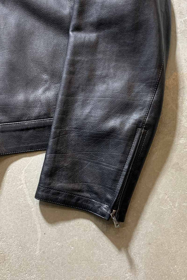 MADE IN ITALY NO COLLAR LEATHER JACKET / BLACK [SIZE: L USED]