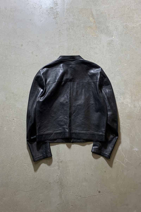 MADE IN ITALY NO COLLAR LEATHER JACKET / BLACK [SIZE: L USED]