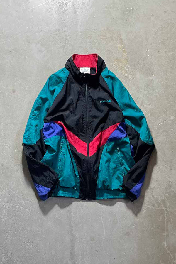 80'S ZIP UP BACK MESSAGE FLOCKEY PRINT NYLON JACKET / MULTI [SIZE: M USED]