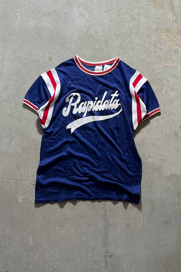 70-80s RAPIDATA PRINT FOOTBALL RAYON T-SHIRT / NAVY [SIZE: M USED]