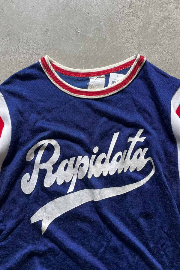70-80s RAPIDATA PRINT FOOTBALL RAYON T-SHIRT / NAVY [SIZE: M USED]