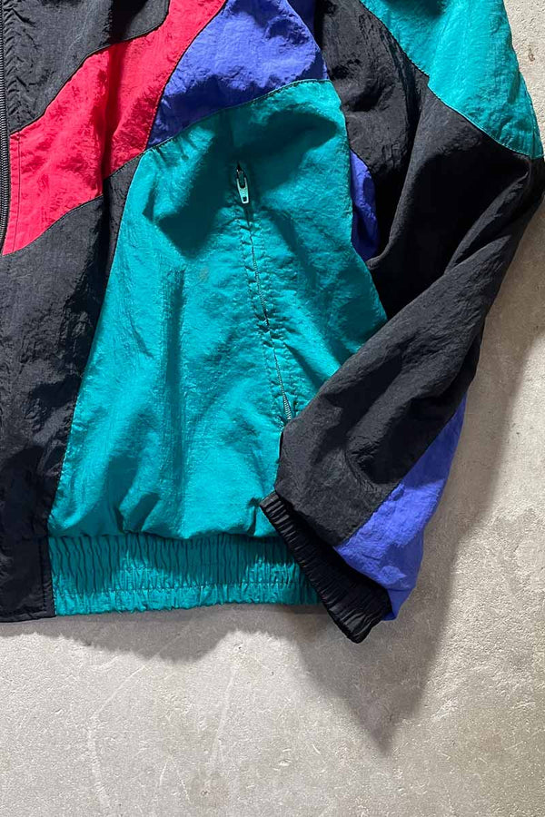 80'S ZIP UP BACK MESSAGE FLOCKEY PRINT NYLON JACKET / MULTI [SIZE: M USED]