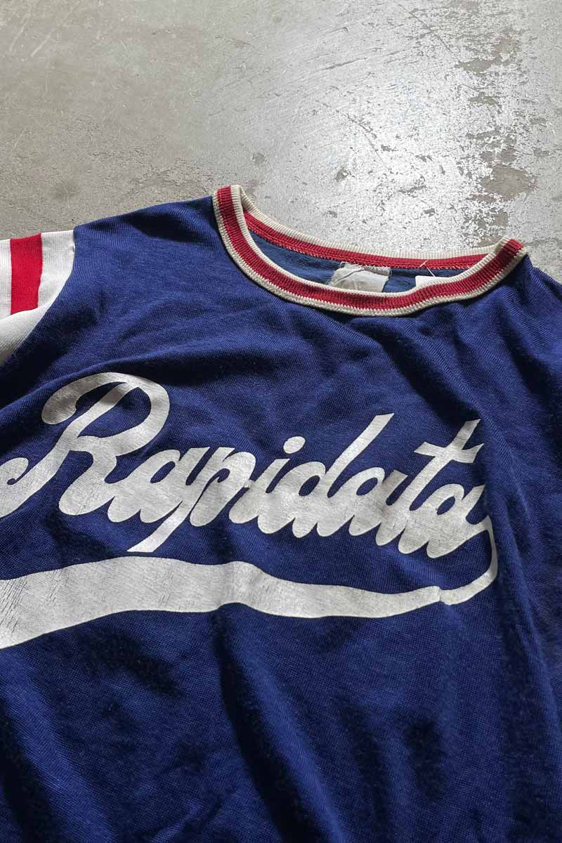 70-80s RAPIDATA PRINT FOOTBALL RAYON T-SHIRT / NAVY [SIZE: M USED]