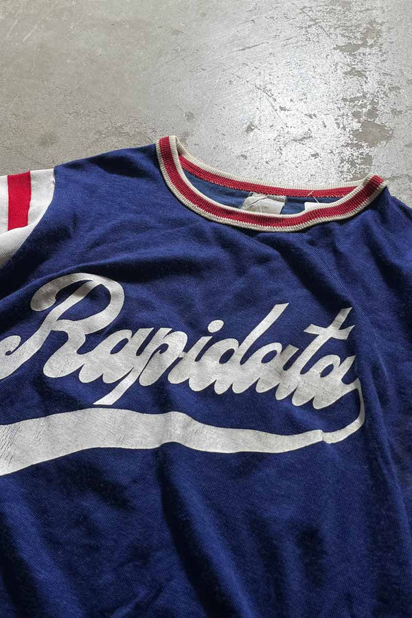 70-80s RAPIDATA PRINT FOOTBALL RAYON T-SHIRT / NAVY [SIZE: M USED]