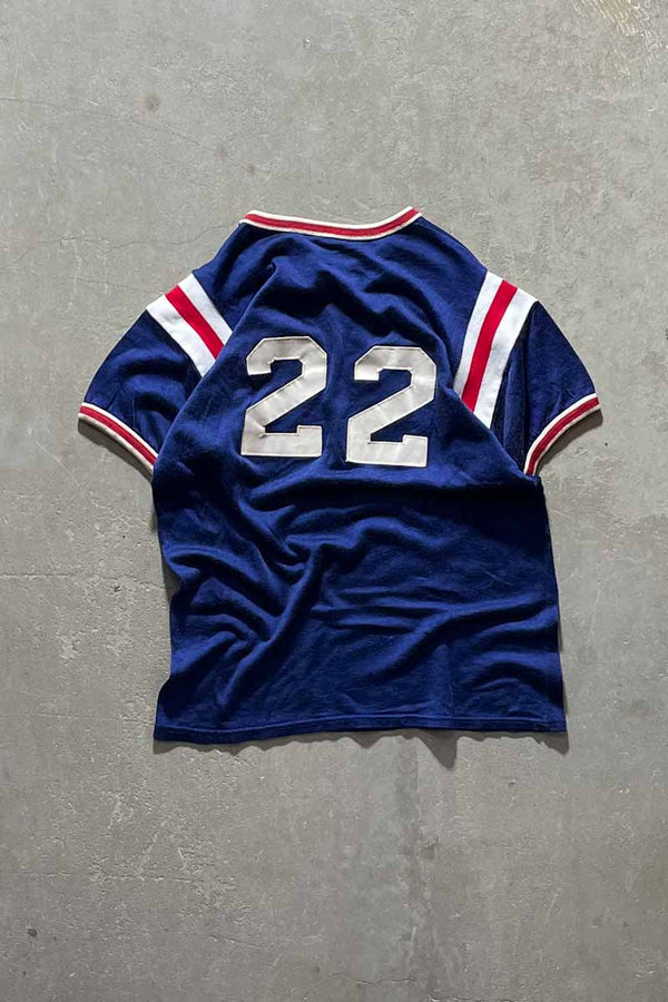 70-80s RAPIDATA PRINT FOOTBALL RAYON T-SHIRT / NAVY [SIZE: M USED]