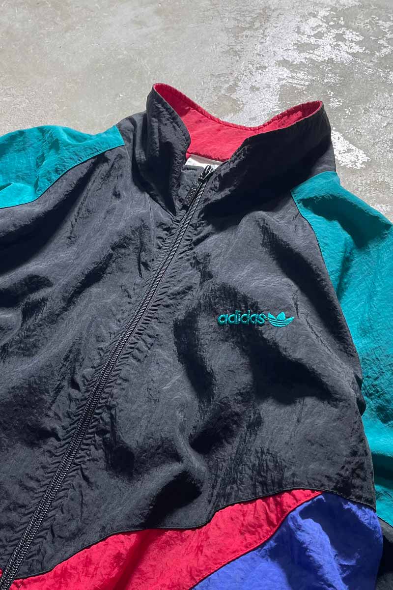 80'S ZIP UP BACK MESSAGE FLOCKEY PRINT NYLON JACKET / MULTI [SIZE: M USED]