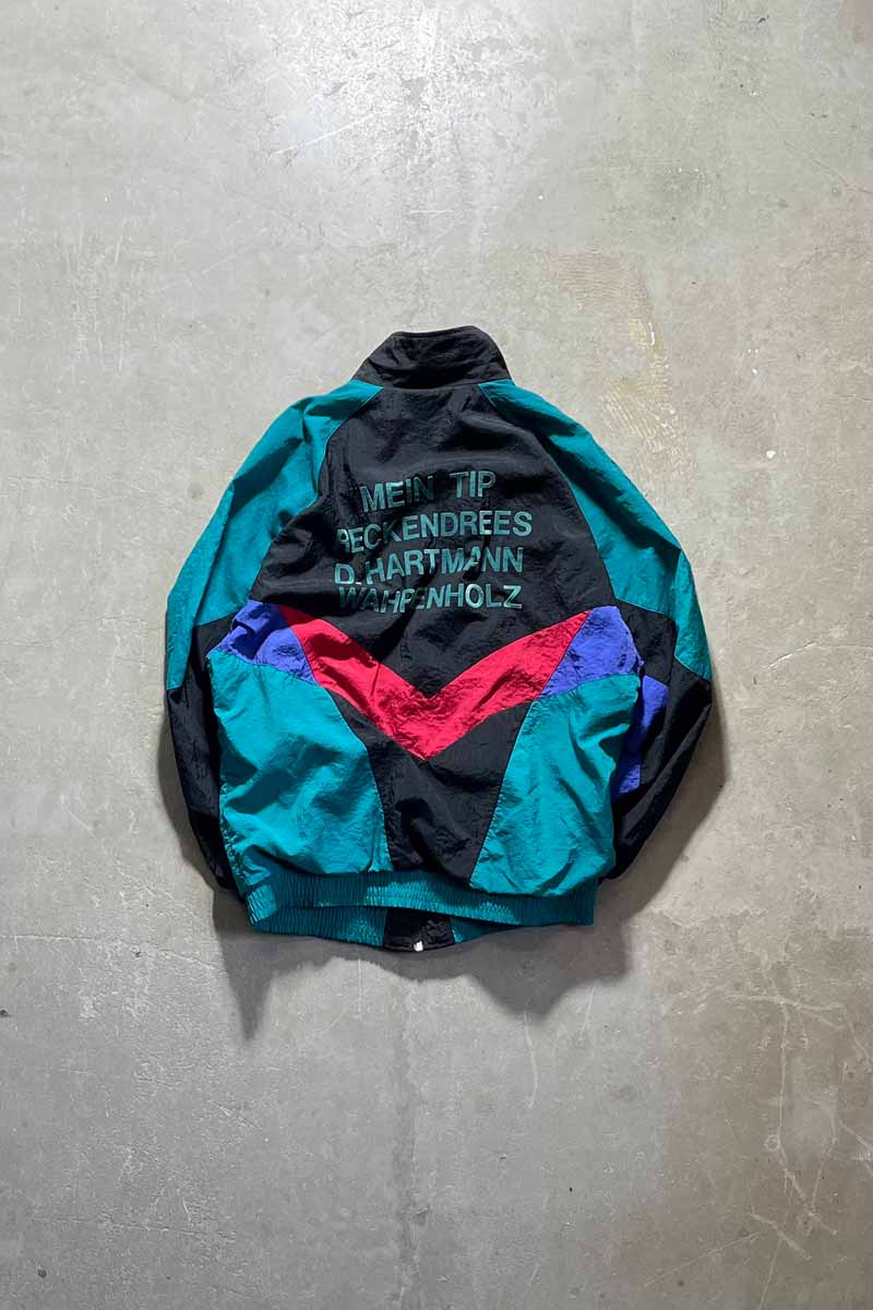 80'S ZIP UP BACK MESSAGE FLOCKEY PRINT NYLON JACKET / MULTI [SIZE: M USED]