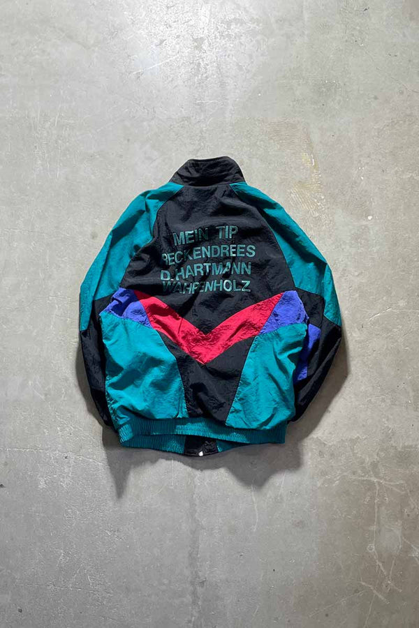 80'S ZIP UP BACK MESSAGE FLOCKEY PRINT NYLON JACKET / MULTI [SIZE: M USED]