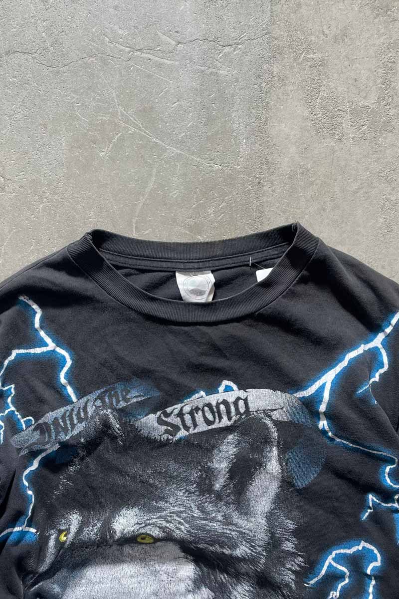 90'S AMERICAN THUNDER WOLF PRINT ANIMAL T-SHIRT / BLACK [SIZE: XL USED]