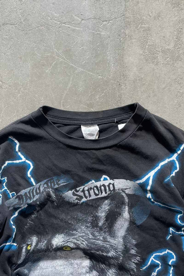 90'S AMERICAN THUNDER WOLF PRINT ANIMAL T-SHIRT / BLACK [SIZE: XL USED]