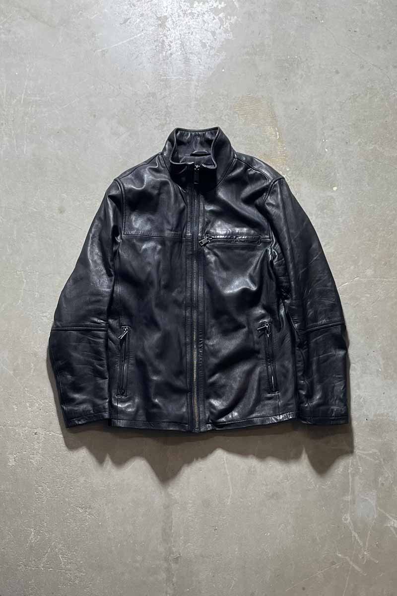 STAND COLLAR ZIP UP LEATHER JACKET W/QUILTING LINER / BLACK [SIZE: S USED]