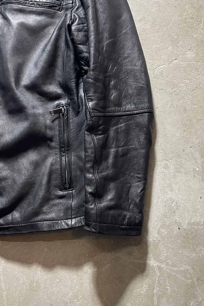 STAND COLLAR ZIP UP LEATHER JACKET W/QUILTING LINER / BLACK [SIZE: S USED]