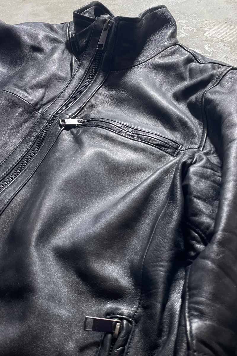 STAND COLLAR ZIP UP LEATHER JACKET W/QUILTING LINER / BLACK [SIZE: S USED]