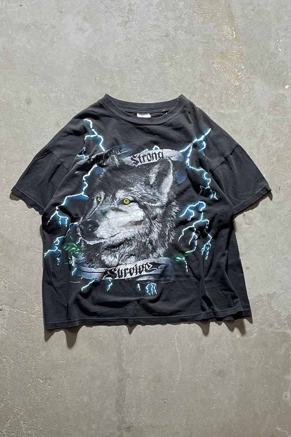 90'S AMERICAN THUNDER WOLF PRINT ANIMAL T-SHIRT / BLACK [SIZE: XL USED]
