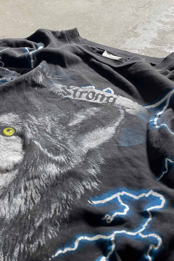 90'S AMERICAN THUNDER WOLF PRINT ANIMAL T-SHIRT / BLACK [SIZE: XL USED]