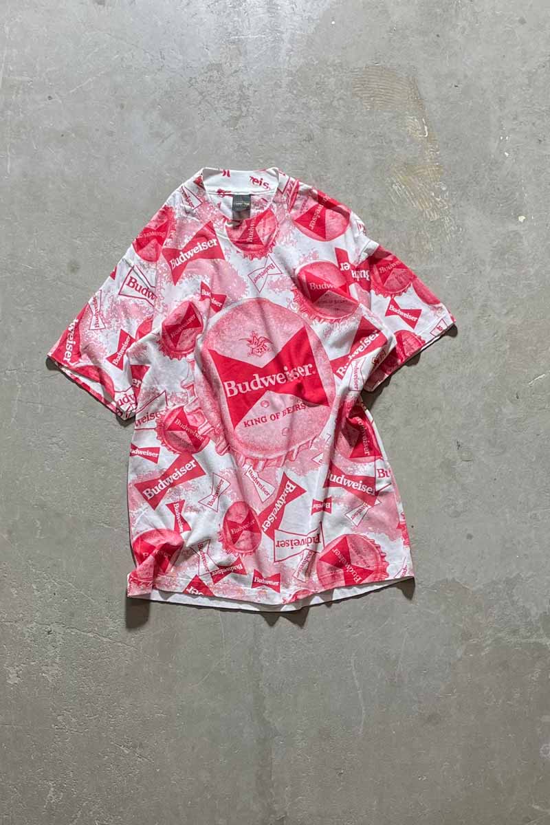 MADE IN USA 80s-90s BUDWEISER ALL PRINT ADVERTISING T-SHIRT / RED / WHITE [SIZE: L DEADSTOCK/NOS]