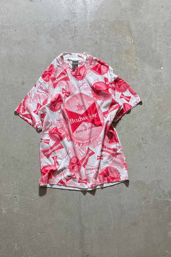 MADE IN USA 80s-90s BUDWEISER ALL PRINT ADVERTISING T-SHIRT / RED / WHITE [SIZE: L DEADSTOCK/NOS]