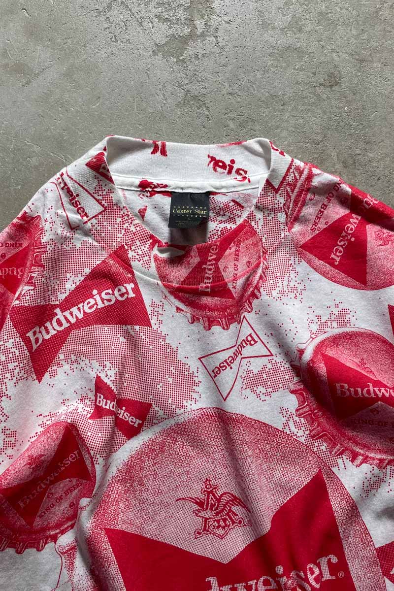 MADE IN USA 80s-90s BUDWEISER ALL PRINT ADVERTISING T-SHIRT / RED / WHITE [SIZE: L DEADSTOCK/NOS]