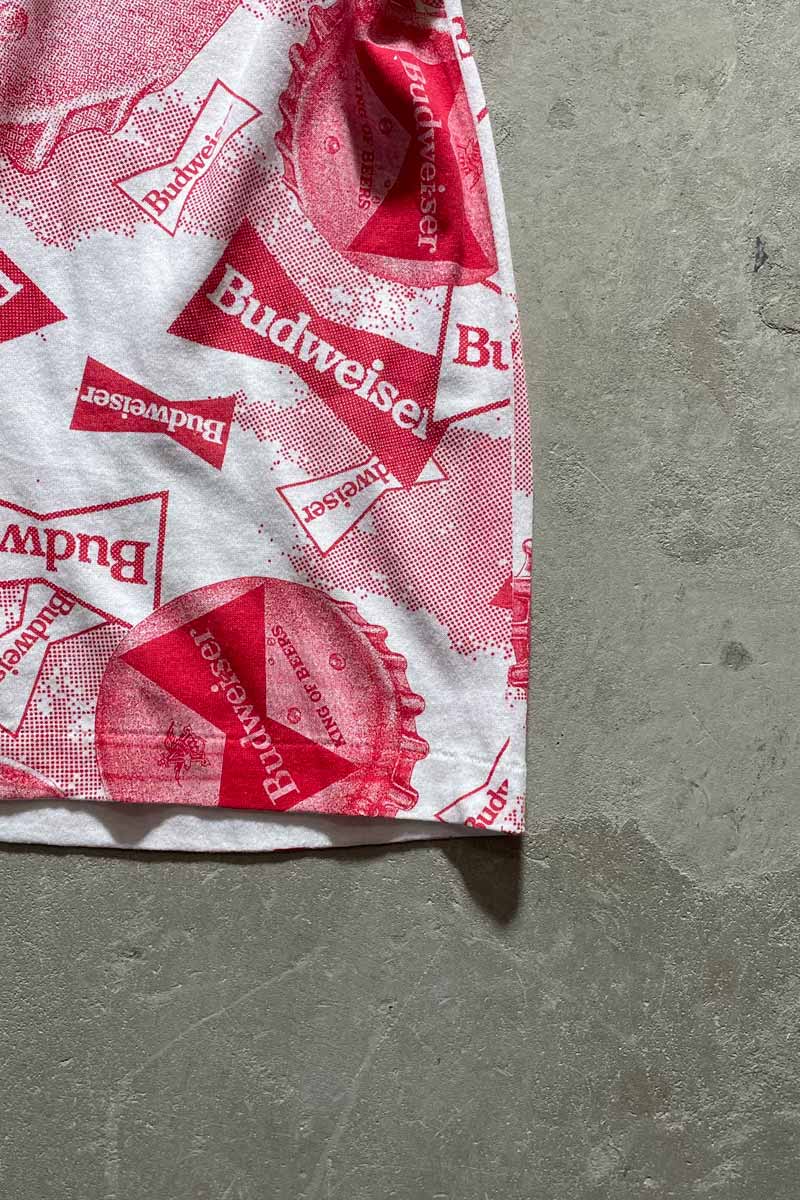 MADE IN USA 80s-90s BUDWEISER ALL PRINT ADVERTISING T-SHIRT / RED / WHITE [SIZE: L DEADSTOCK/NOS]