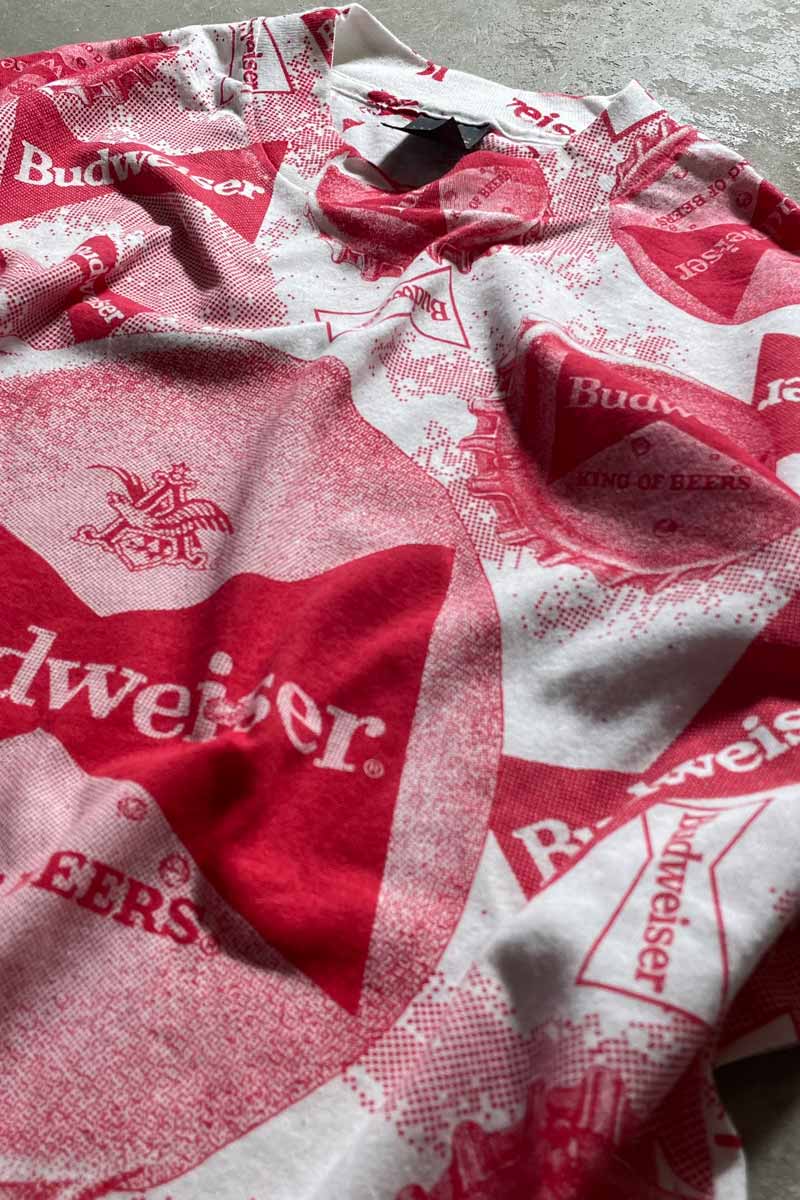 MADE IN USA 80s-90s BUDWEISER ALL PRINT ADVERTISING T-SHIRT / RED / WHITE [SIZE: L DEADSTOCK/NOS]