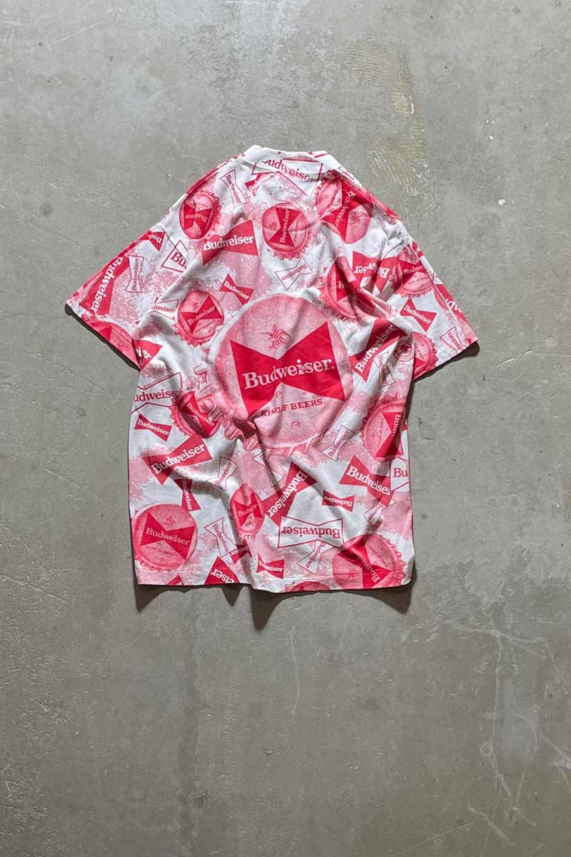MADE IN USA 80s-90s BUDWEISER ALL PRINT ADVERTISING T-SHIRT / RED / WHITE [SIZE: L DEADSTOCK/NOS]