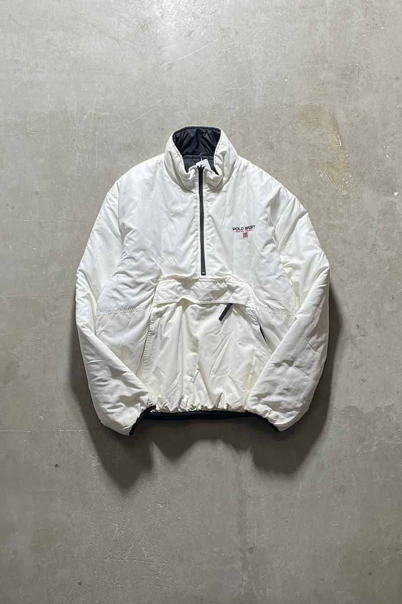 90'S HALF ZIP PULLOVER REVERSIBLE NYLON PUFF JACKET/ WHITE/NAVY [SIZE:L USED]