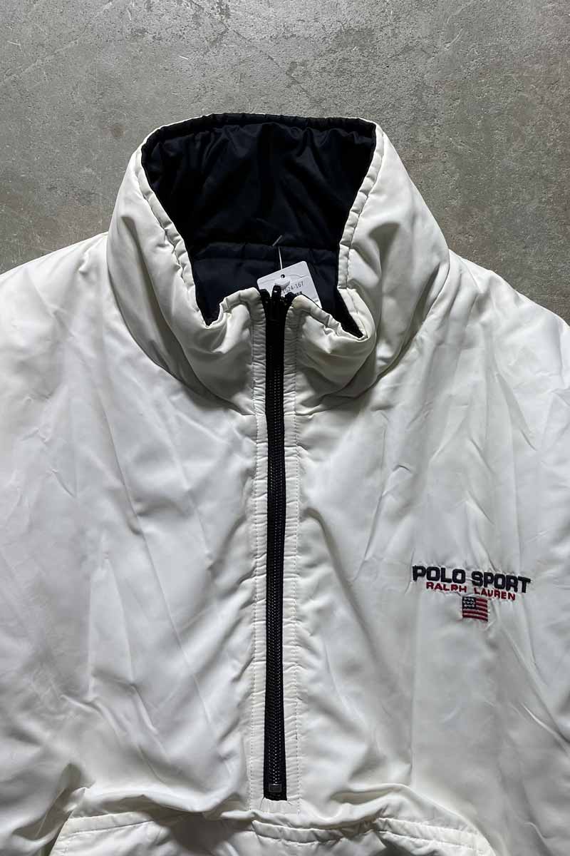 90'S HALF ZIP PULLOVER REVERSIBLE NYLON PUFF JACKET/ WHITE/NAVY [SIZE:L USED]