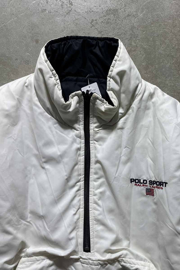 90'S HALF ZIP PULLOVER REVERSIBLE NYLON PUFF JACKET/ WHITE/NAVY [SIZE:L USED]