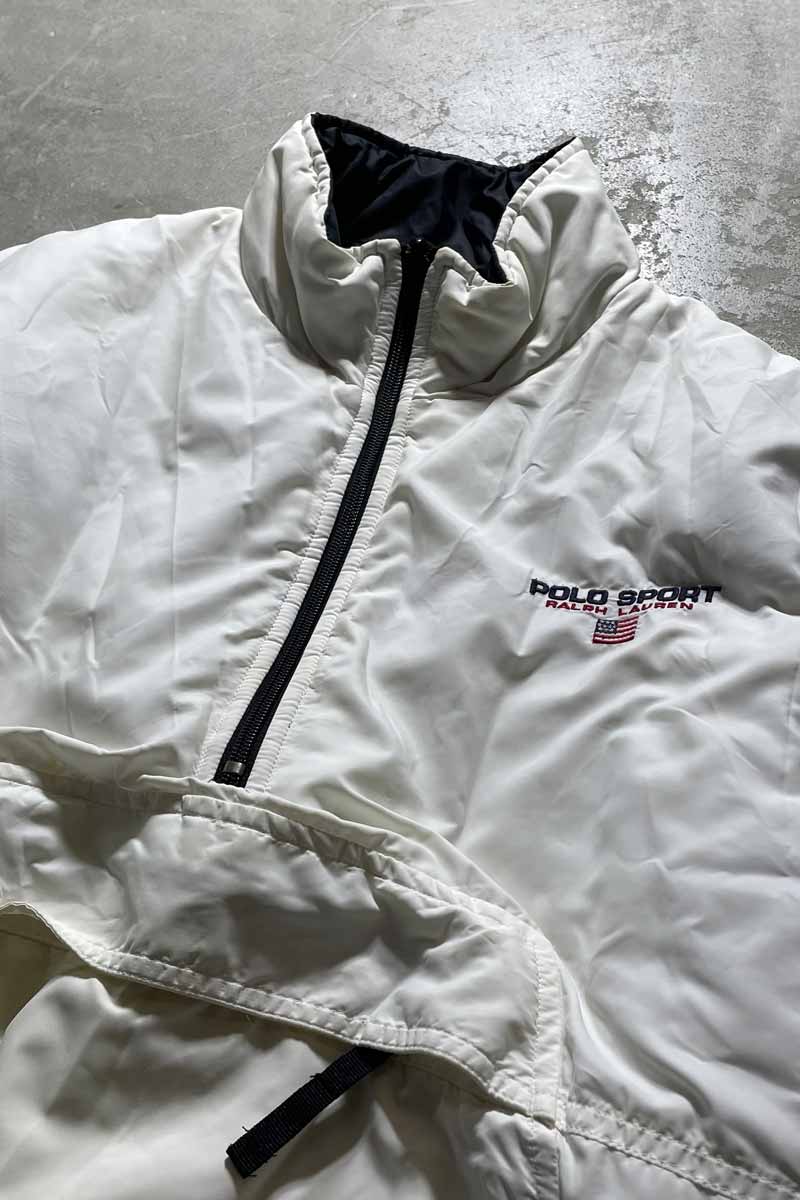 90'S HALF ZIP PULLOVER REVERSIBLE NYLON PUFF JACKET/ WHITE/NAVY [SIZE:L USED]