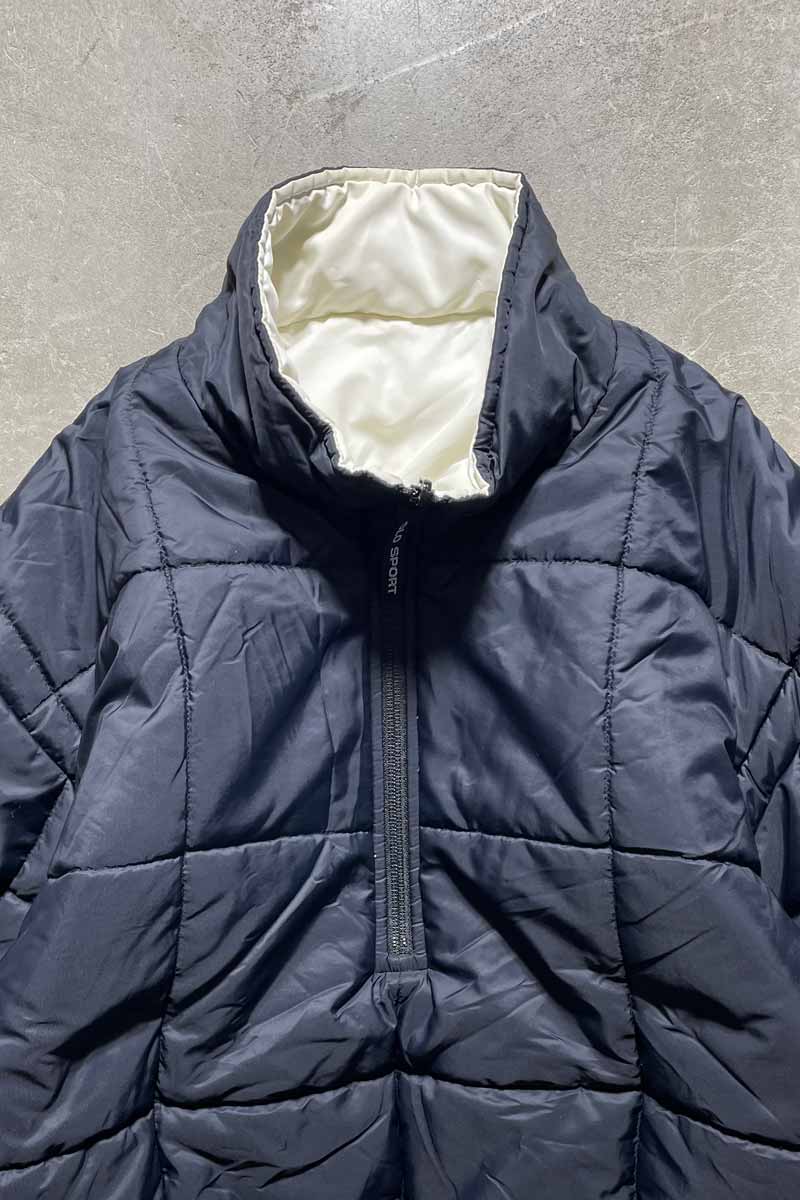 90'S HALF ZIP PULLOVER REVERSIBLE NYLON PUFF JACKET/ WHITE/NAVY [SIZE:L USED]
