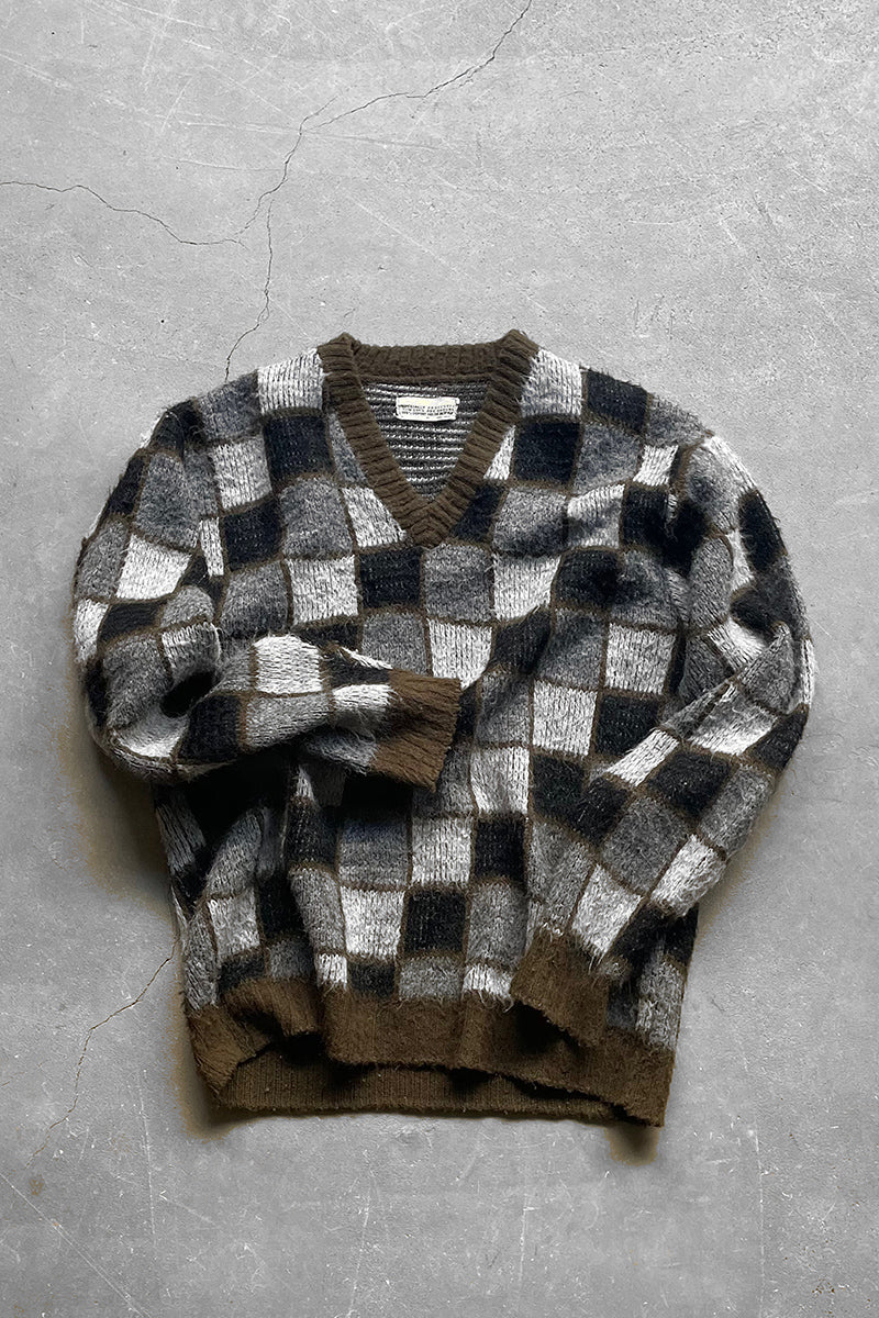 60-70'S V-NECK SWEATER / CHECK [SIZE: M USED]