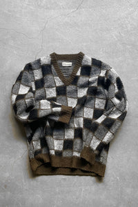 60-70'S V-NECK SWEATER / CHECK [SIZE: M USED]