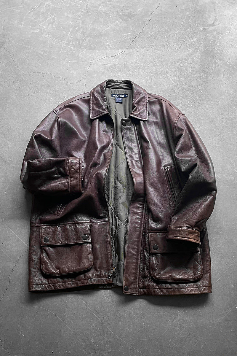 90'S ZIP UP LEATHER HALF COAT W/QUILTING LINER / BROWN [SIZE: Equivalent to XL, USED]