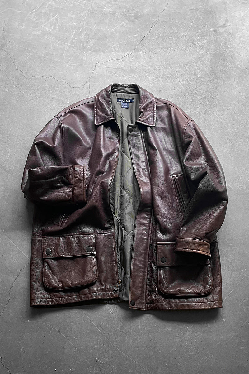 90'S ZIP UP LEATHER HALF COAT W/QUILTING LINER / BROWN［SIZE: XL相当 USED]