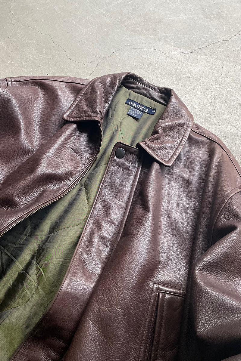 90'S ZIP UP LEATHER HALF COAT W/QUILTING LINER / BROWN [SIZE: Equivalent to XL, USED]