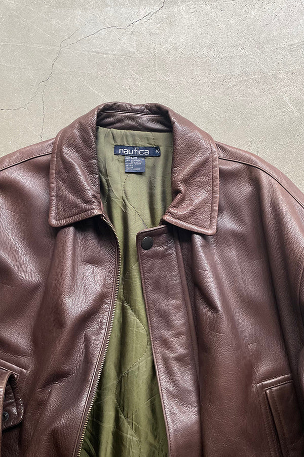 90'S ZIP UP LEATHER HALF COAT W/QUILTING LINER / BROWN [SIZE: Equivalent to XL, USED]