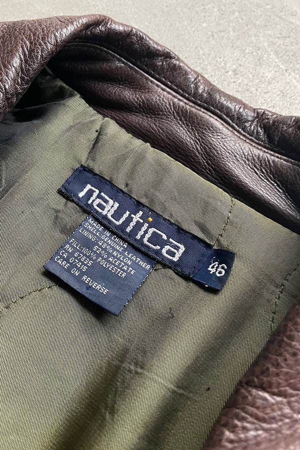 90'S ZIP UP LEATHER HALF COAT W/QUILTING LINER / BROWN [SIZE: Equivalent to XL, USED]