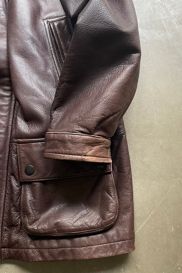 90'S ZIP UP LEATHER HALF COAT W/QUILTING LINER / BROWN [SIZE: Equivalent to XL, USED]