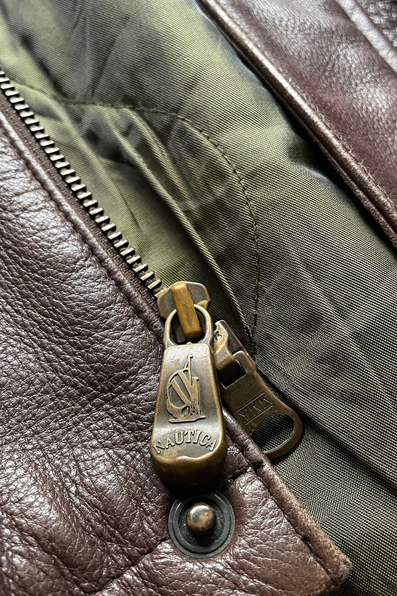90'S ZIP UP LEATHER HALF COAT W/QUILTING LINER / BROWN [SIZE: Equivalent to XL, USED]