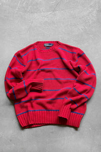 90'S COTTON BORDER KNIT SWEATER / RED [SIZE: M USED]